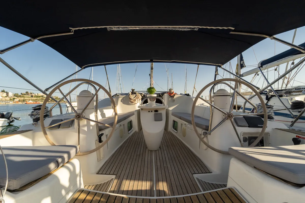 Cockpit of Mesogeios, a Jeanneau Sun Odyssey 42 i sailboat at Kavala, Greece