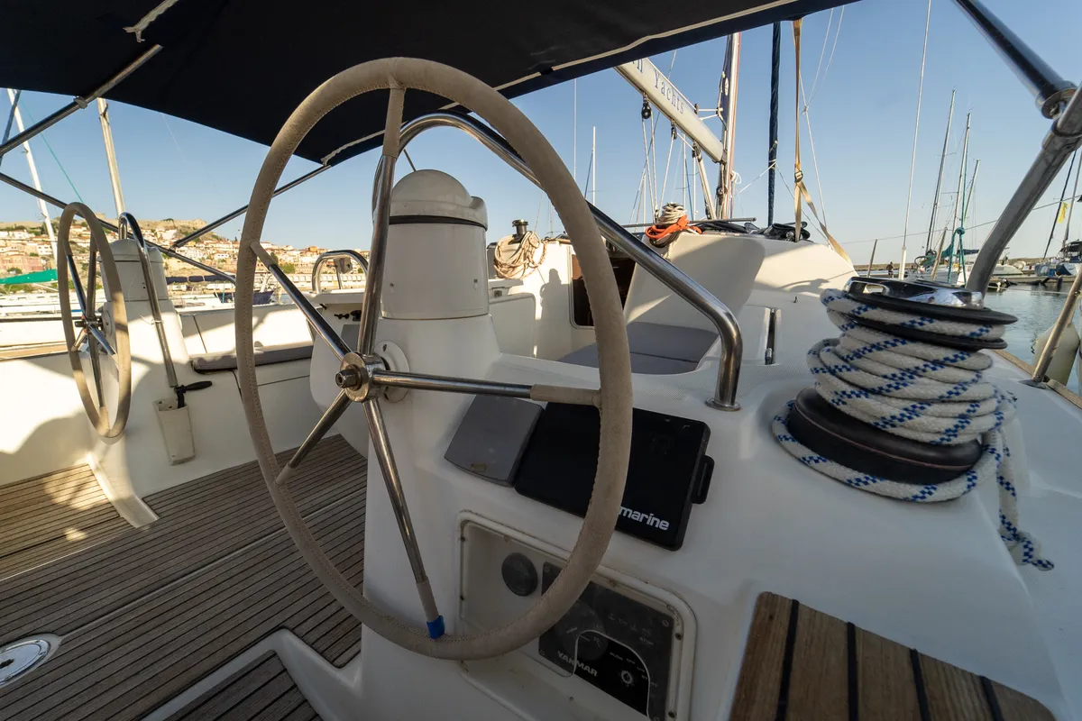 Cockpit of Mesogeios, a Jeanneau Sun Odyssey 42 i sailboat at Kavala, Greece