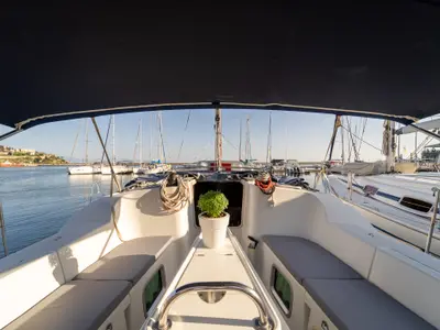 Cockpit of Mesogeios, a Jeanneau Sun Odyssey 42 i sailboat at Kavala, Greece