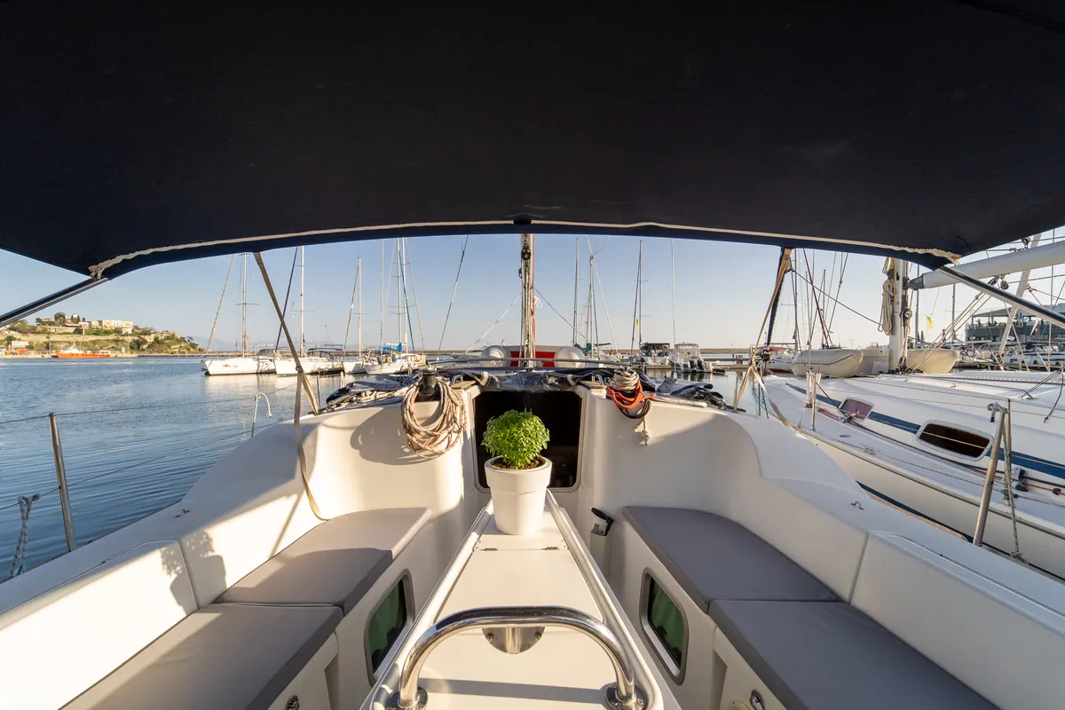 Cockpit of Mesogeios, a Jeanneau Sun Odyssey 42 i sailboat at Kavala, Greece