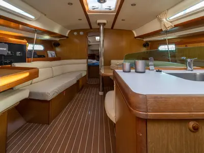 Salon of Mesogeios, a Jeanneau Sun Odyssey 42 i sailboat at Kavala, Greece
