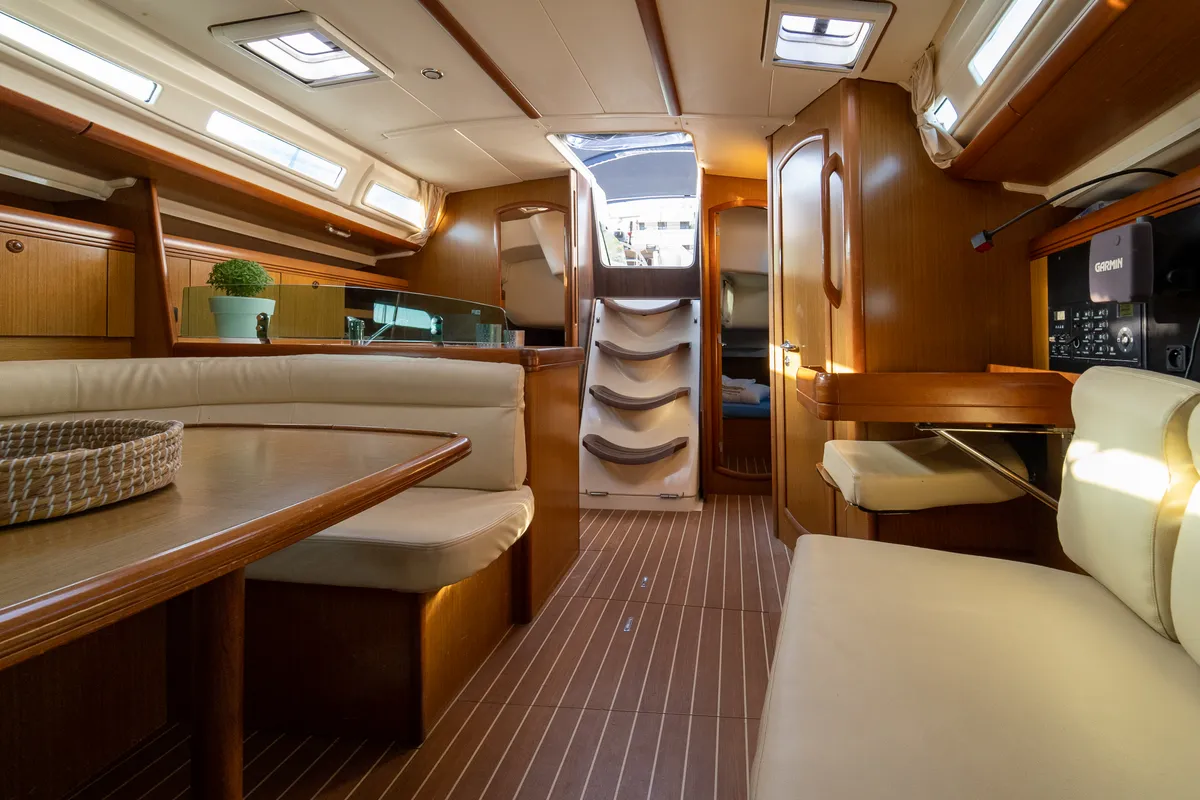 Salon of Mesogeios, a Jeanneau Sun Odyssey 42 i sailboat at Kavala, Greece