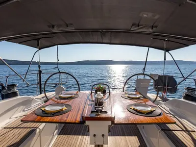 Cockpit of Lui, a Bavaria Cruiser 51 sailboat at Split, Croatia