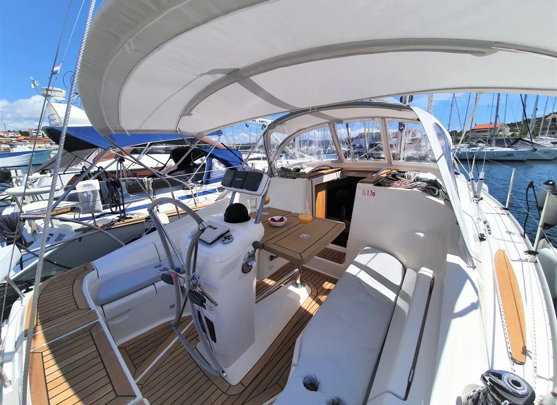 Cockpit of Vita I, a Elan 344 Impression sailboat at Jezera, Croatia