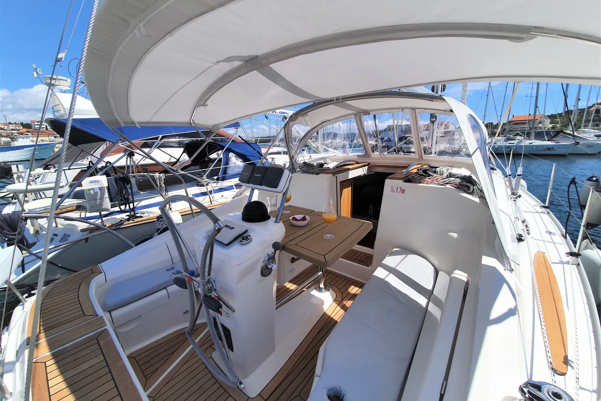 Cockpit of Vita I, a Elan 344 Impression sailboat at Jezera, Croatia