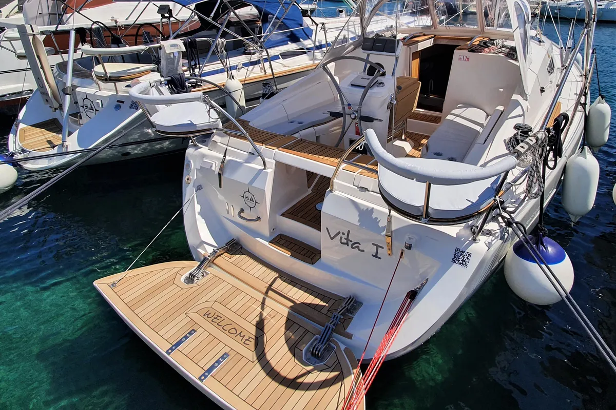 Exterior view of Vita I, a Elan 344 Impression sailboat at Jezera, Croatia