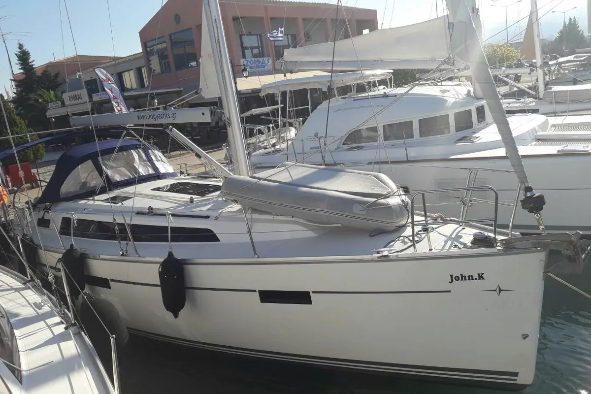 Exterior view of John K, a Bavaria Cruiser 37 sailboat at Municipal Unit of Lefkada, Greece