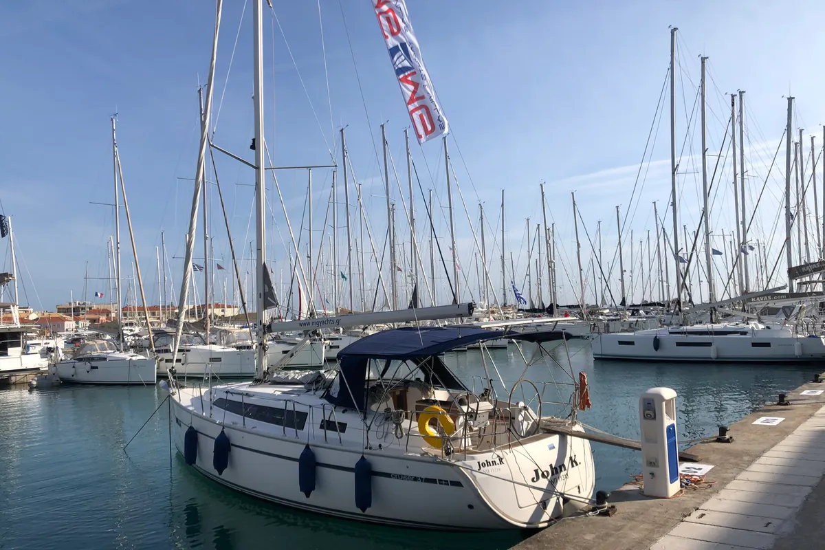Exterior view of John K, a Bavaria Cruiser 37 sailboat at Municipal Unit of Lefkada, Greece