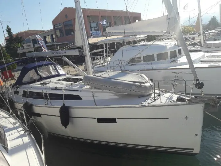 Exterior view of John K, a Bavaria Cruiser 37 sailboat at Municipal Unit of Lefkada, Greece
