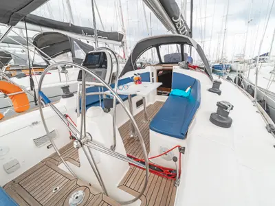 Cockpit of Vira, a AD Boats Salona 40 sailboat at Kos, Greece
