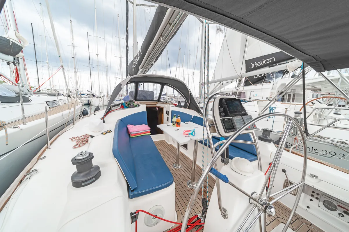 Cockpit of Vira, a AD Boats Salona 40 sailboat at Kos, Greece