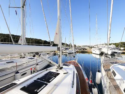 Deck of Malo Angeline, a Bavaria Cruiser 37 sailboat at Punat, Croatia