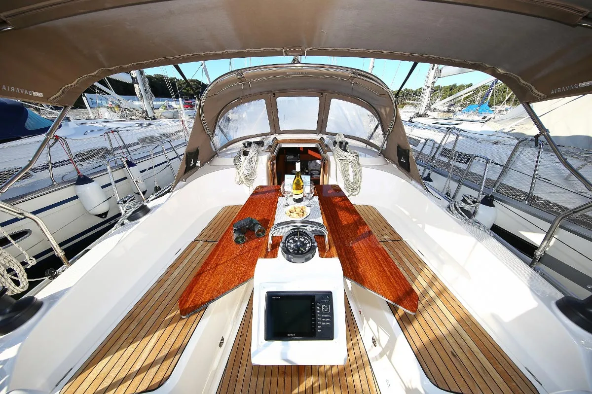 Cockpit of Malo Angeline, a Bavaria Cruiser 37 sailboat at Punat, Croatia