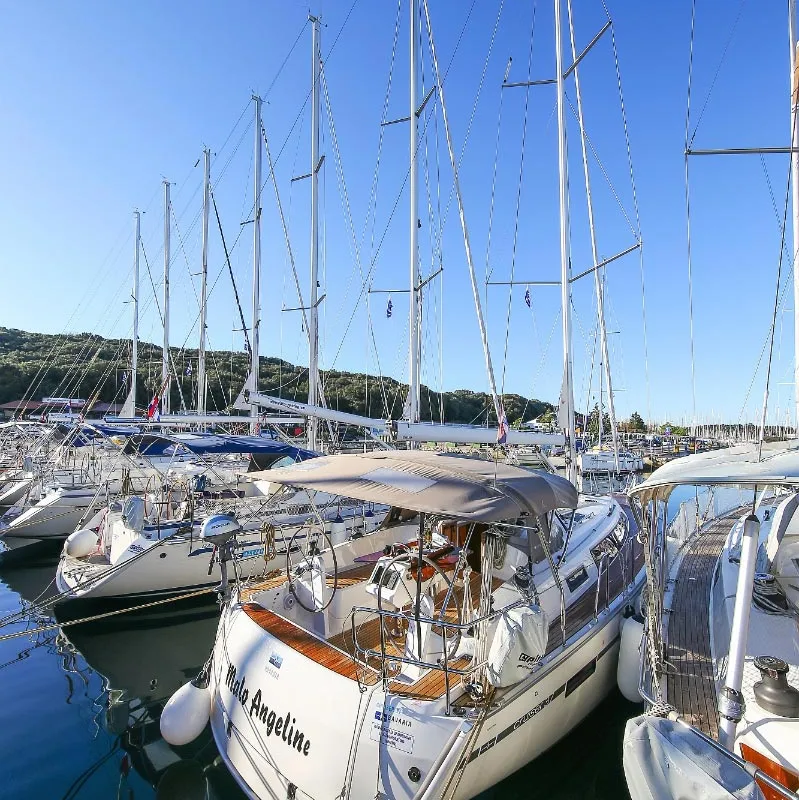 Exterior view of Malo Angeline, a Bavaria Cruiser 37 sailboat at Punat, Croatia