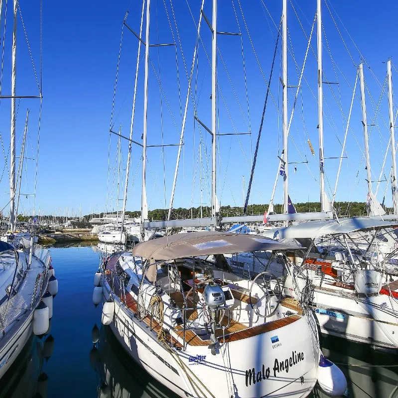 Exterior view of Malo Angeline, a Bavaria Cruiser 37 sailboat at Punat, Croatia