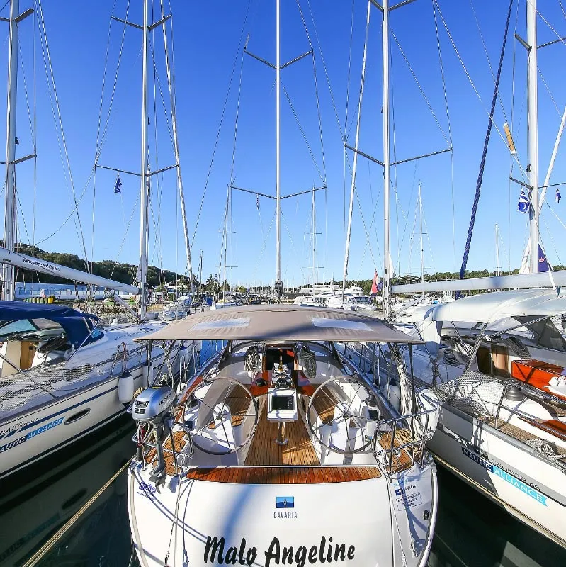 Exterior view of Malo Angeline, a Bavaria Cruiser 37 sailboat at Punat, Croatia