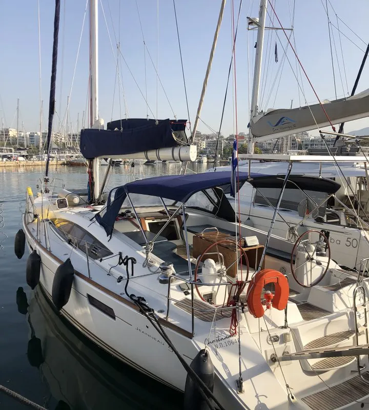 Exterior view of Christianna 12, a Jeanneau 53 sailboat at Athens, Greece