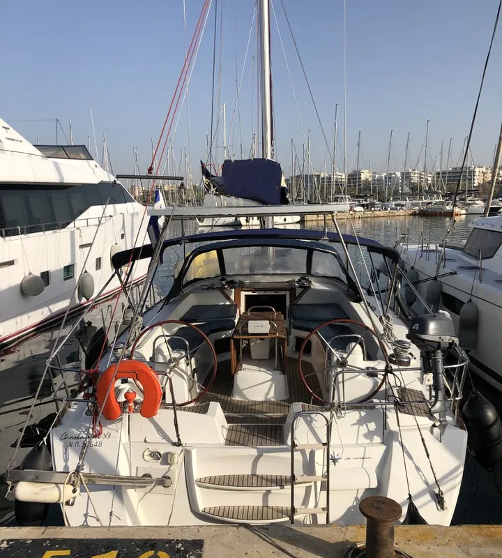 Cockpit of Christianna 12, a Jeanneau 53 sailboat at Athens, Greece