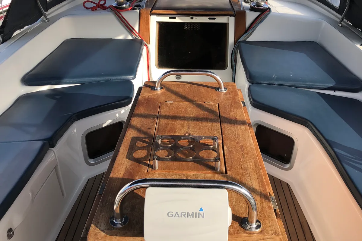 Cockpit of Christianna 12, a Jeanneau 53 sailboat at Athens, Greece