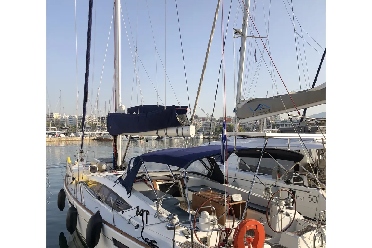 Exterior view of Christianna 12, a Jeanneau 53 sailboat at Athens, Greece