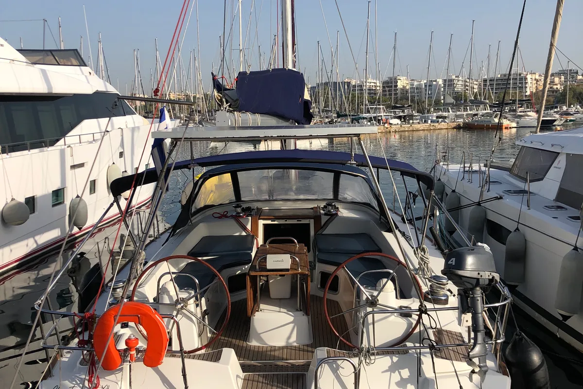 Exterior view of Christianna 12, a Jeanneau 53 sailboat at Athens, Greece