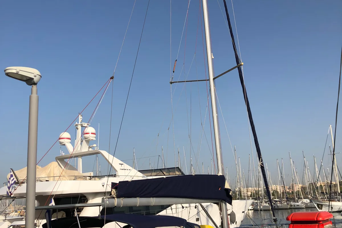 Exterior view of Christianna 12, a Jeanneau 53 sailboat at Athens, Greece