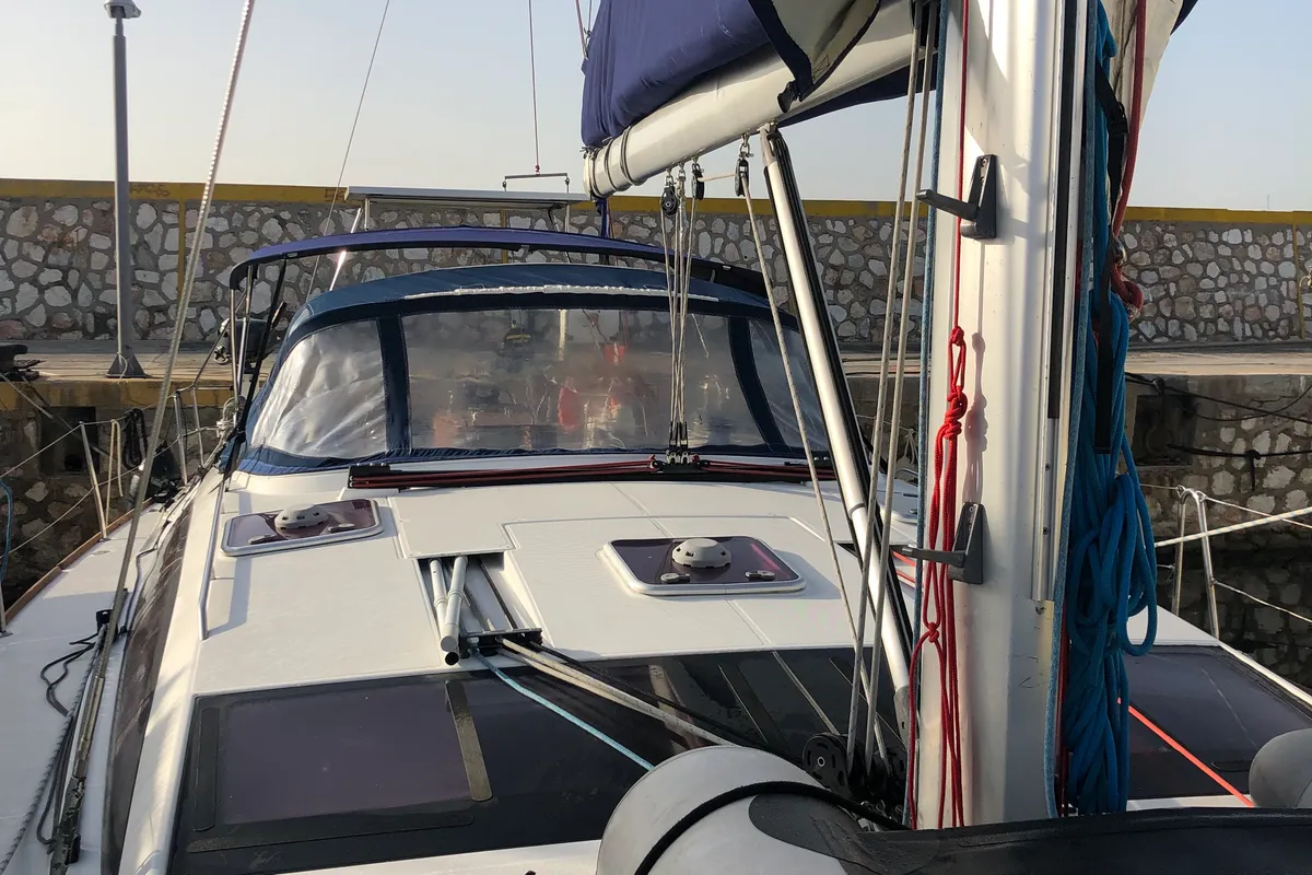 Deck of Christianna 12, a Jeanneau 53 sailboat at Athens, Greece