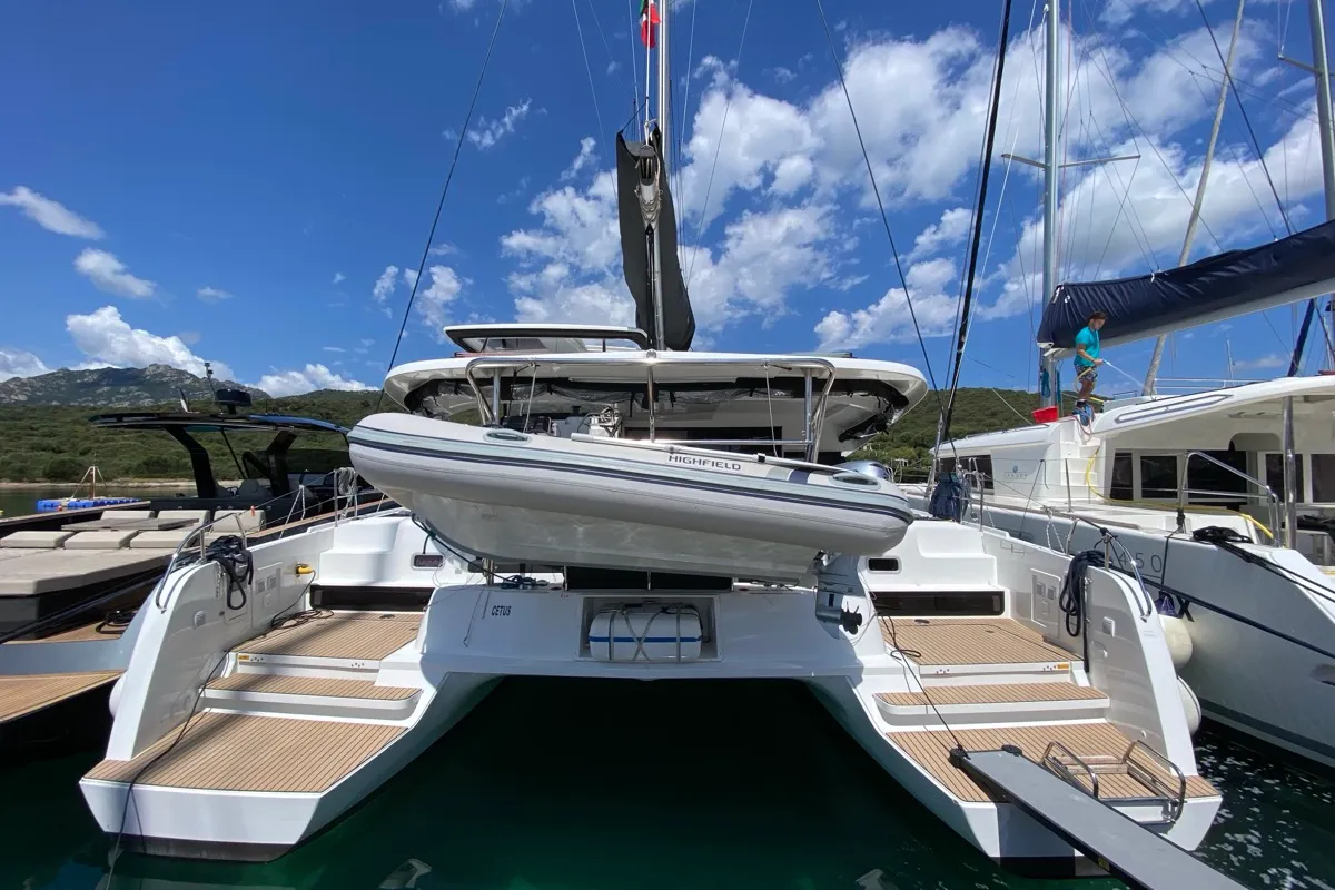 Exterior view of Cetus, a Lagoon 42 catamaran at Tonnarella, Italy