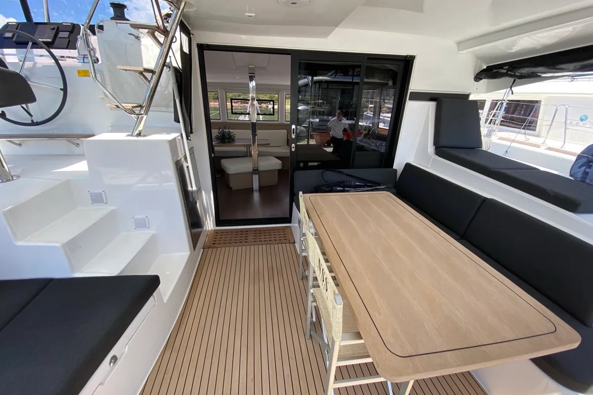 Deck of Cetus, a Lagoon 42 catamaran at Tonnarella, Italy