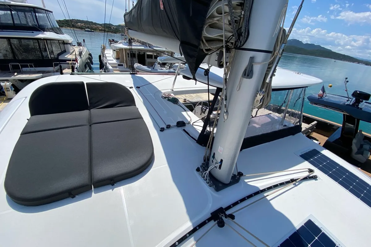 Deck of Cetus, a Lagoon 42 catamaran at Tonnarella, Italy