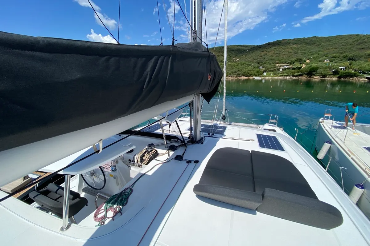 Deck of Cetus, a Lagoon 42 catamaran at Tonnarella, Italy