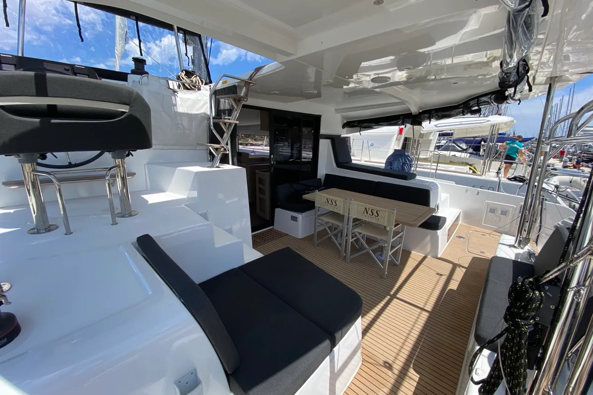 Deck of Cetus, a Lagoon 42 catamaran at Tonnarella, Italy