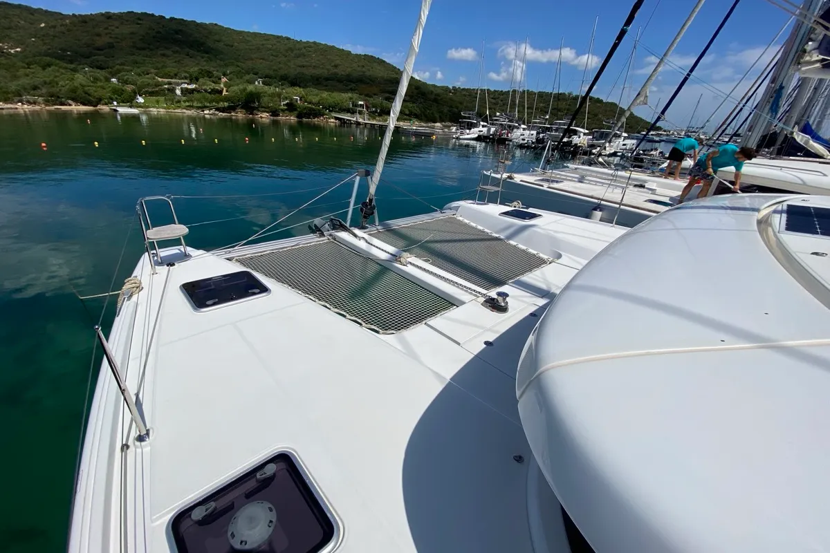 Deck of Cetus, a Lagoon 42 catamaran at Tonnarella, Italy