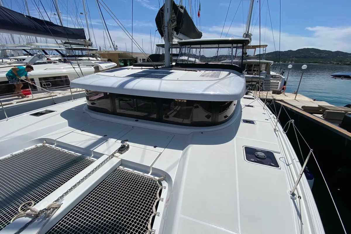 Deck of Cetus, a Lagoon 42 catamaran at Tonnarella, Italy