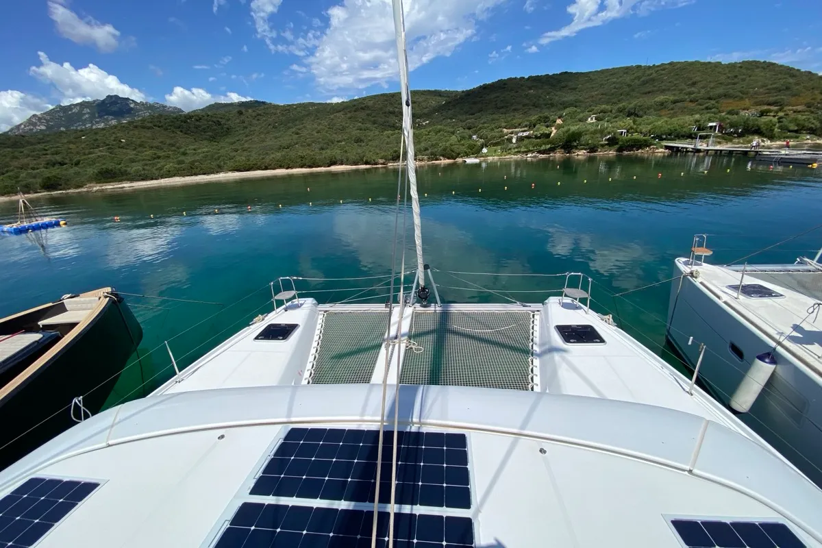 Deck of Cetus, a Lagoon 42 catamaran at Tonnarella, Italy