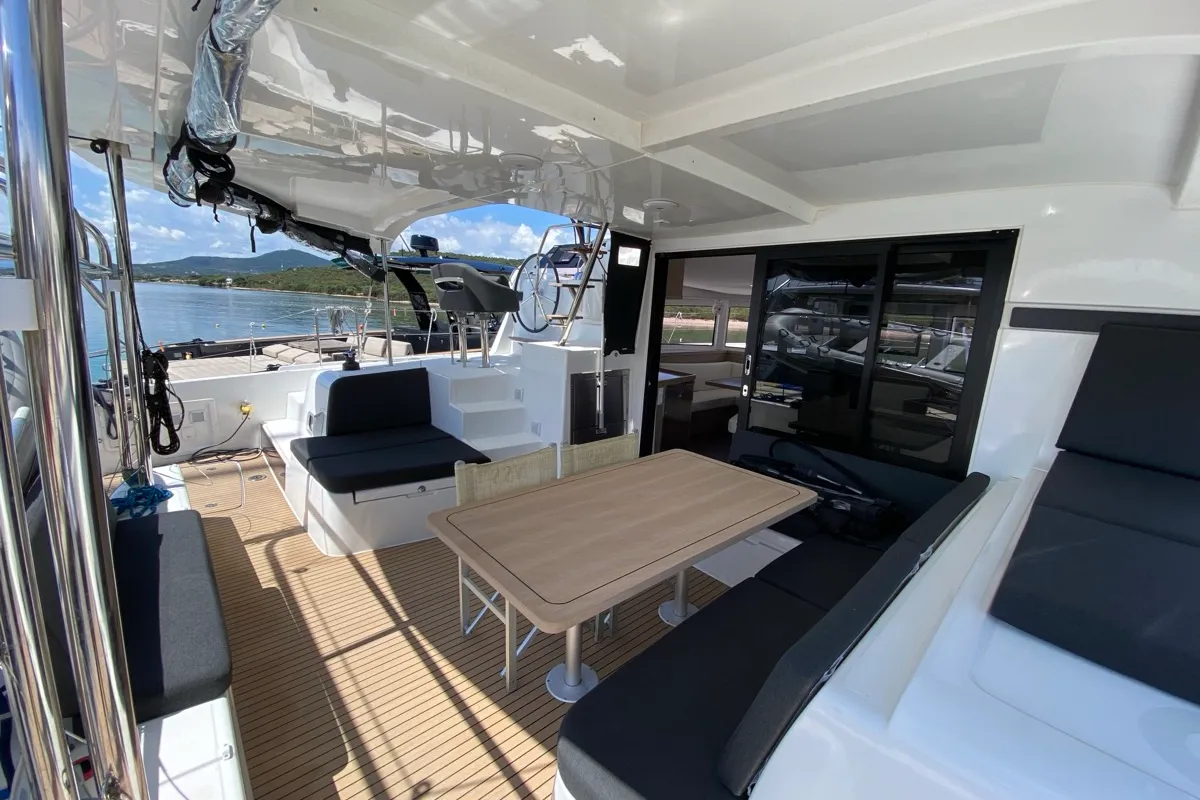 Deck of Cetus, a Lagoon 42 catamaran at Tonnarella, Italy