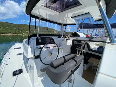 Cockpit of Cetus, a Lagoon 42 catamaran at Tonnarella, Italy