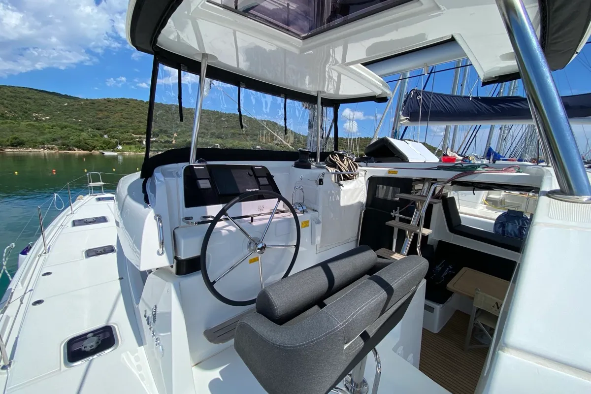 Cockpit of Cetus, a Lagoon 42 catamaran at Tonnarella, Italy