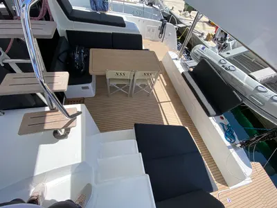 Deck of Cetus, a Lagoon 42 catamaran at Tonnarella, Italy