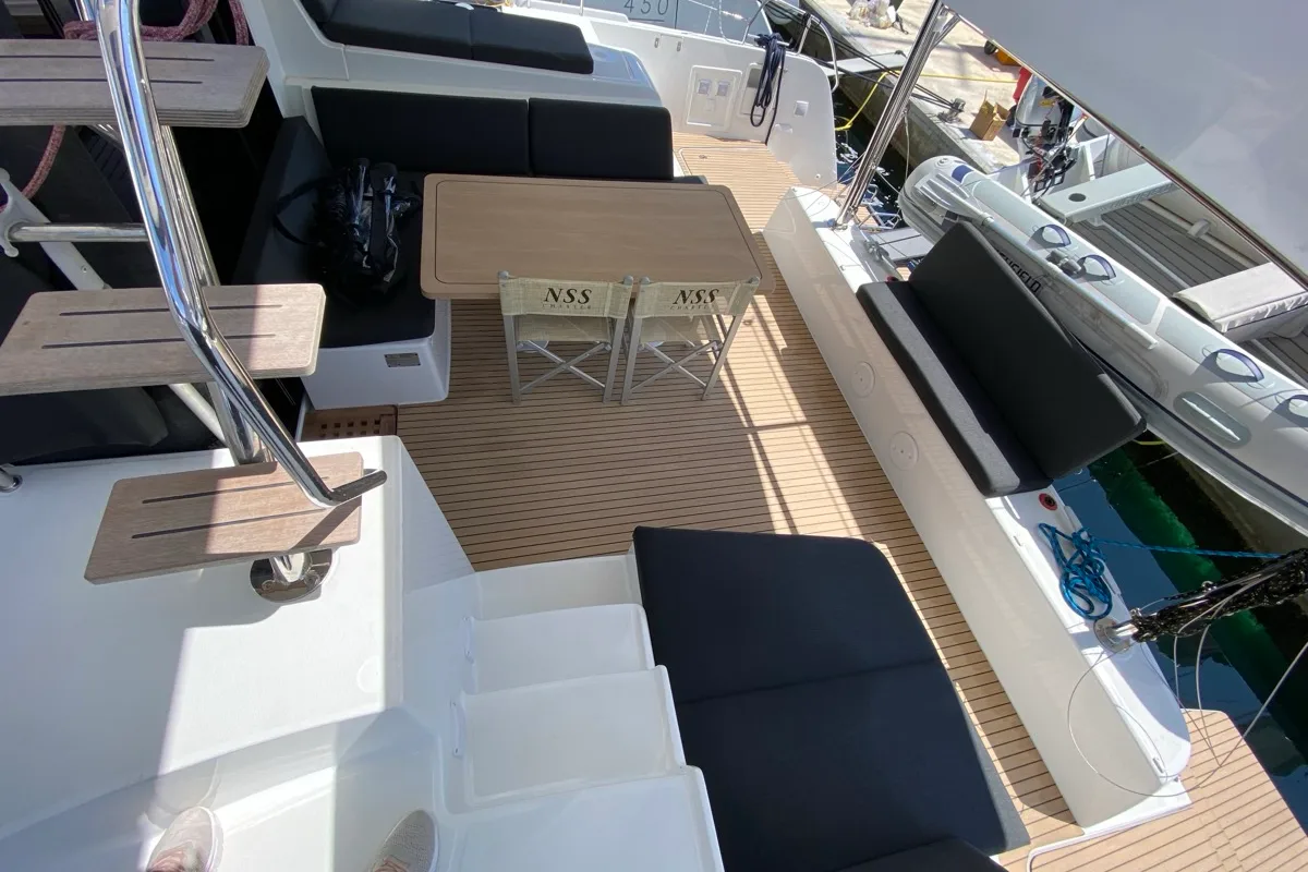 Deck of Cetus, a Lagoon 42 catamaran at Tonnarella, Italy