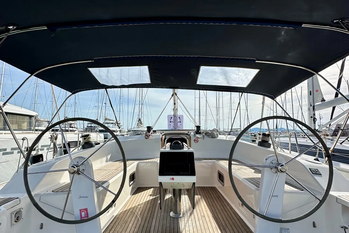 Cockpit of Zoilo, a Bavaria Cruiser 51 sailboat at Sukošan, Croatia