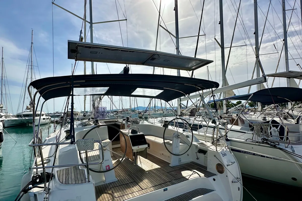 Cockpit of Zoilo, a Bavaria Cruiser 51 sailboat at Sukošan, Croatia