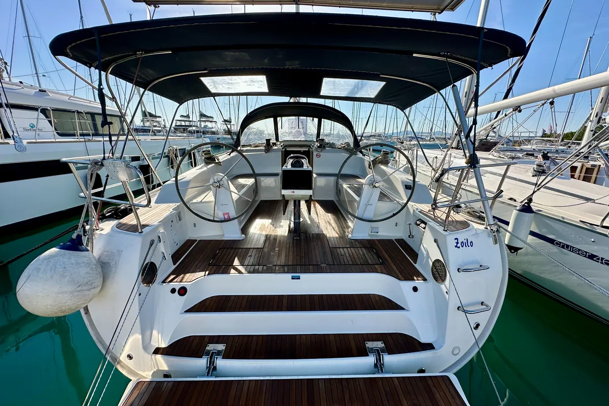 Cockpit of Zoilo, a Bavaria Cruiser 51 sailboat at Sukošan, Croatia