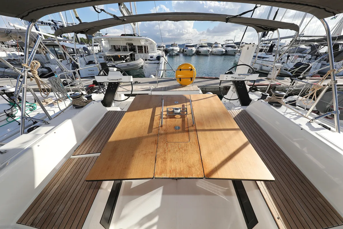 Cockpit of Anthea, a Dufour 470 sailboat at Grad Trogir, Croatia