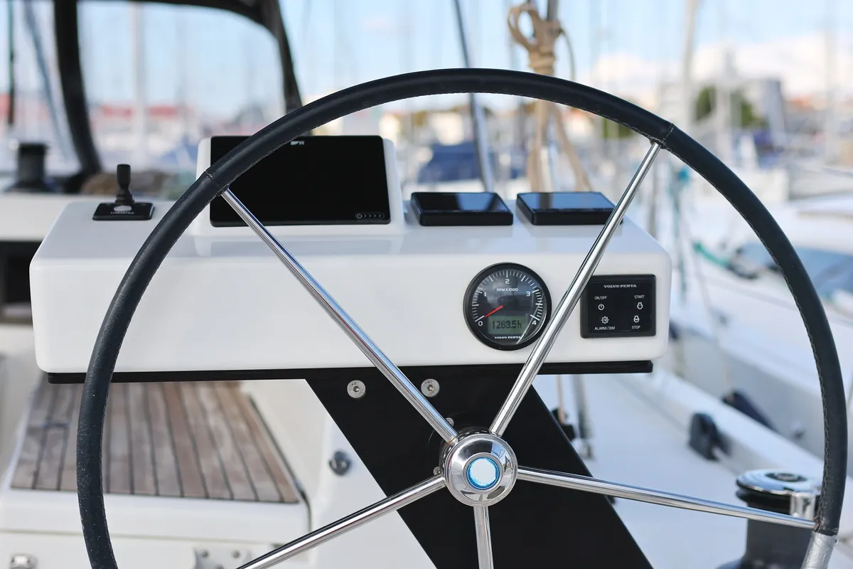 Cockpit of Anthea, a Dufour 470 sailboat at Grad Trogir, Croatia