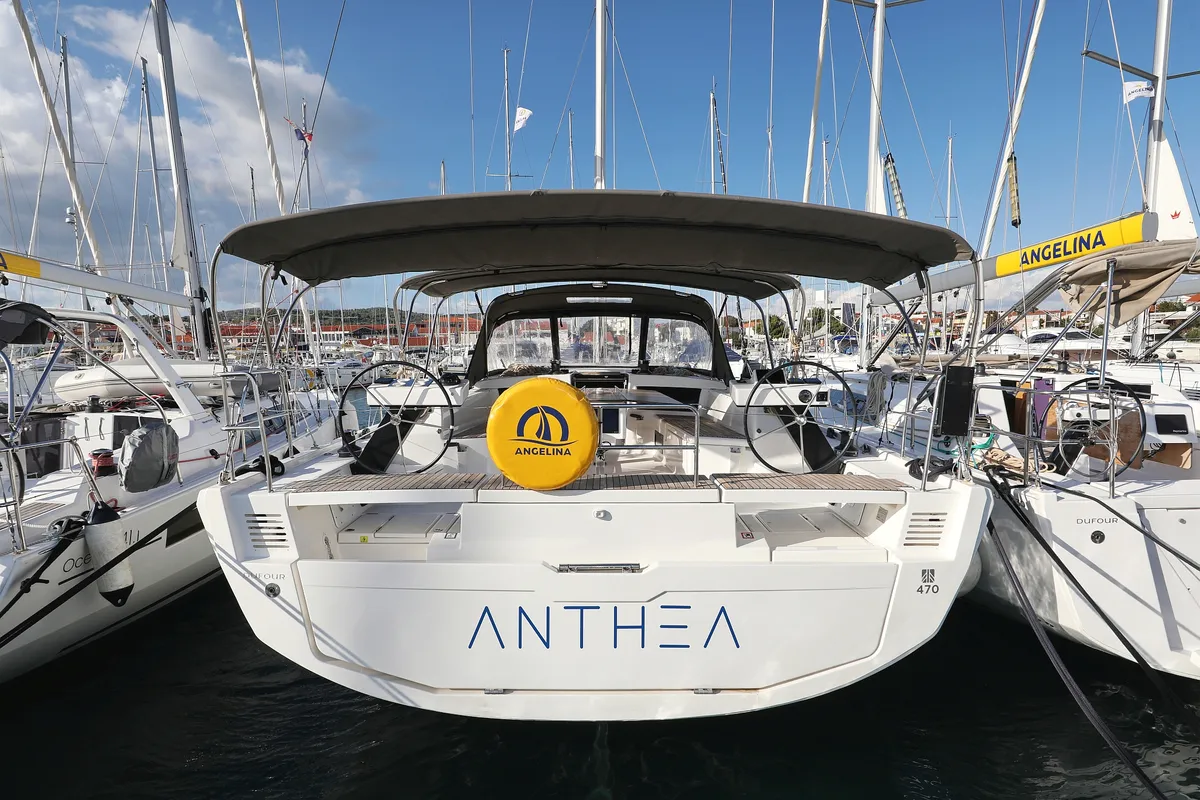 Exterior view of Anthea, a Dufour 470 sailboat at Grad Trogir, Croatia