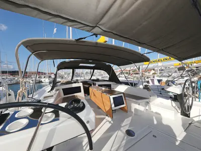 Deck of Anthea, a Dufour 470 sailboat at Grad Trogir, Croatia