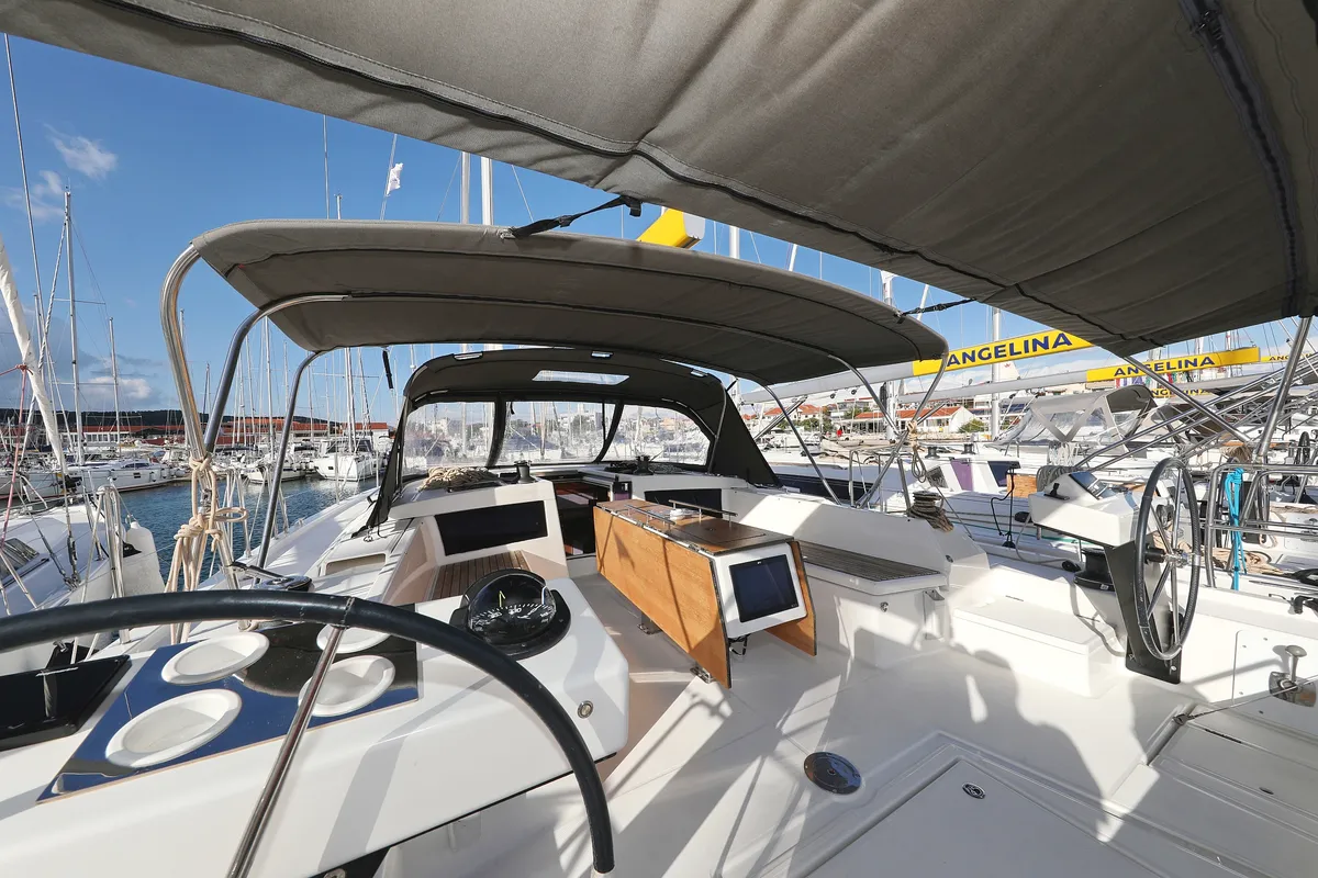 Deck of Anthea, a Dufour 470 sailboat at Grad Trogir, Croatia