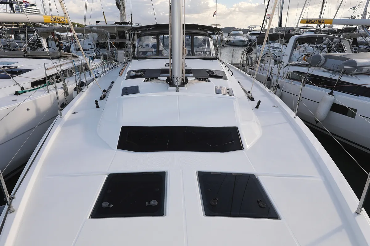 Exterior view of Anthea, a Dufour 470 sailboat at Grad Trogir, Croatia