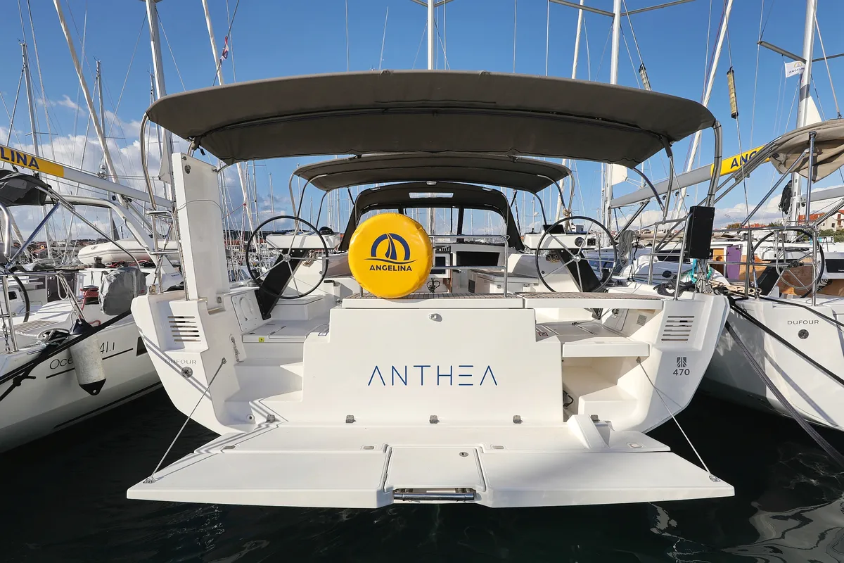 Exterior view of Anthea, a Dufour 470 sailboat at Grad Trogir, Croatia